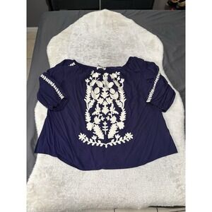 New Solitaire Navy Blue BOHO Embroidered Blouse Top‎ Plus Size 3X Shirt